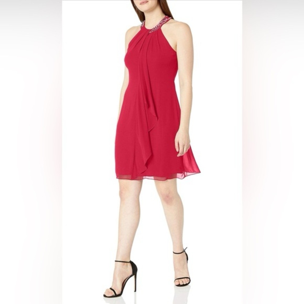 SLNY Chiffon Rhinestone Cocktail Dress Red Halter  Size 18W